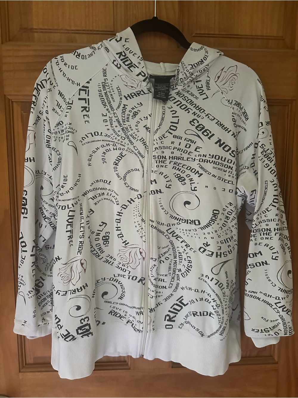 Harley-Davidson White Zip Hoodie with Black Graphic Swirl Print